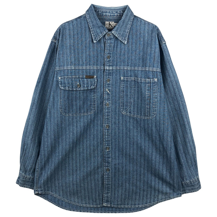 90'S Calvin Klein Jeans Striped Long Sleeve Denim Shirt, Men's Size L, Vintage cotton Blue type light blue Vintage Second Hand
