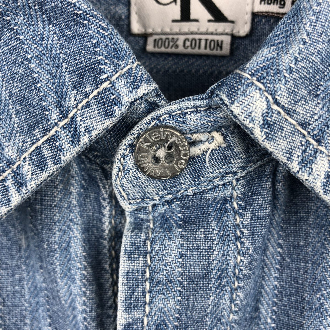 90'S Calvin Klein Jeans Striped Long Sleeve Denim Shirt, Men's Size L, Vintage cotton Blue type light blue Vintage Second Hand