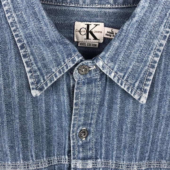 90'S Calvin Klein Jeans Striped Long Sleeve Denim Shirt, Men's Size L, Vintage cotton Blue type light blue Vintage Second Hand
