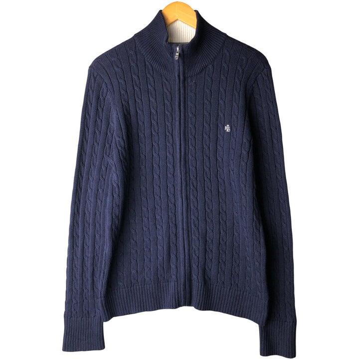 Ralph Lauren L-RL LAUREN ACTIVE Cable Knit Driver's Knit Sweater, Women's Size XL cotton navy blue type Vintage Second Hand