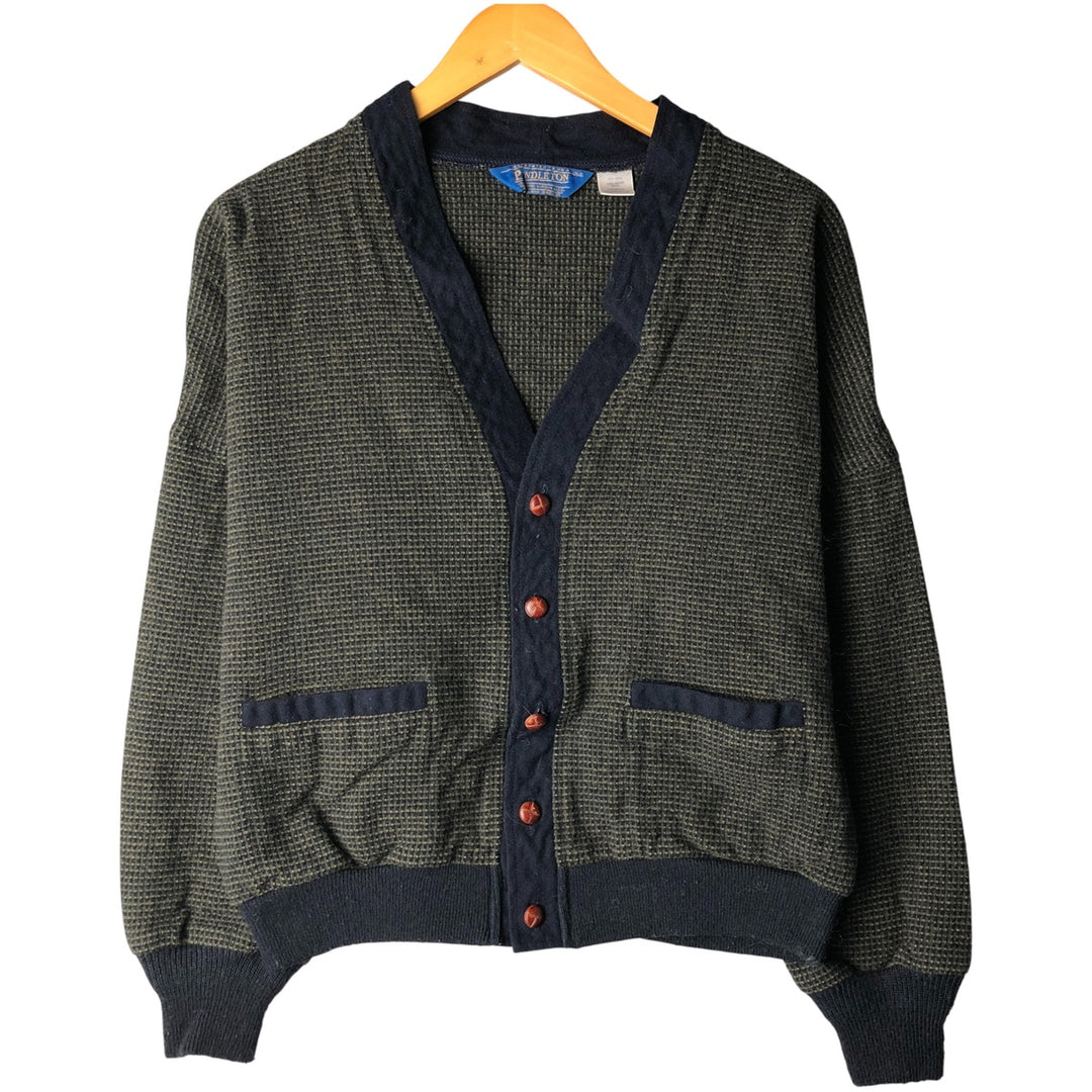 Pendleton Check Pattern Wool Knit Cardigan, Made in USA, Women's Size L wool navy blue type Vintage Second Hand