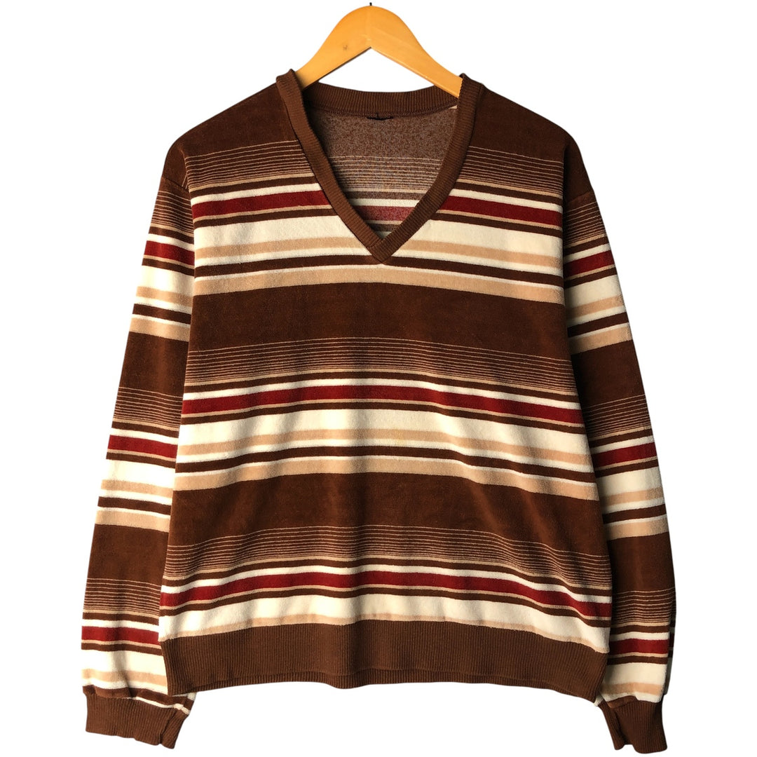 Striped Pattern V-neck Sweatshirt Women's Size L unclear brown type Vintage Second Hand