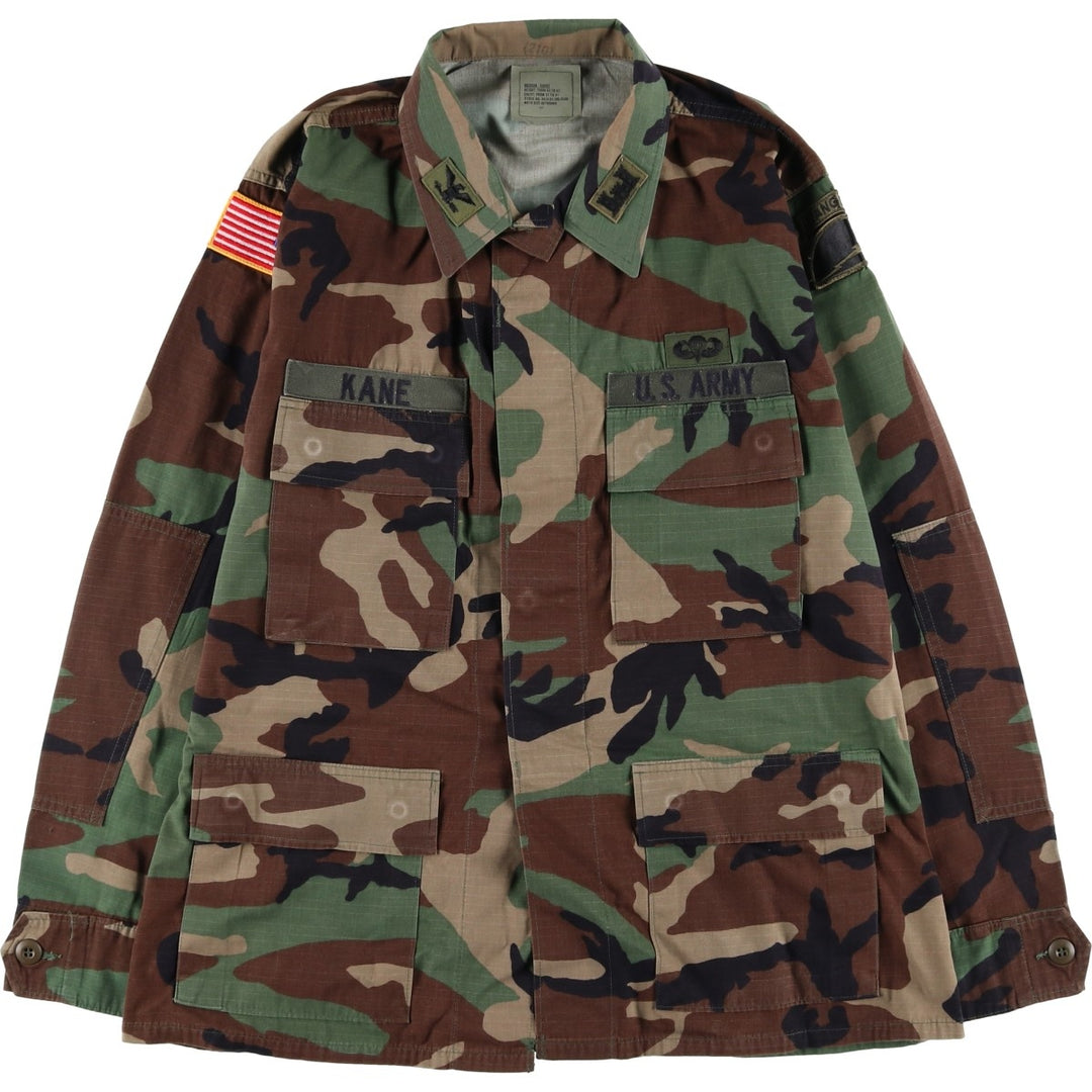 1990'S US Military Camouflage Pattern Stars and Stripes Ripstop BDU Military Jacket, Made in USA, Medium-Short, Men's Size M Nylon Khaki type Vintage Second Hand