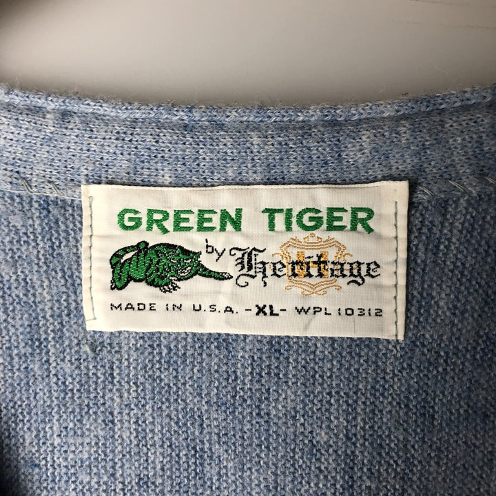 Heritage GREEN TIGER Acrylic Knit Cardigan, Made in USA, Men's XL, Vintage acrylic Blue type light blue Vintage Second Hand
