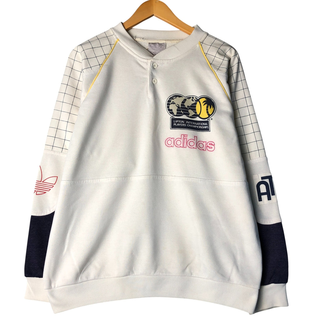 1980'S Adidas Check Pattern Henley Print Sweatshirt, Men's Size L unclear white type Vintage Second Hand