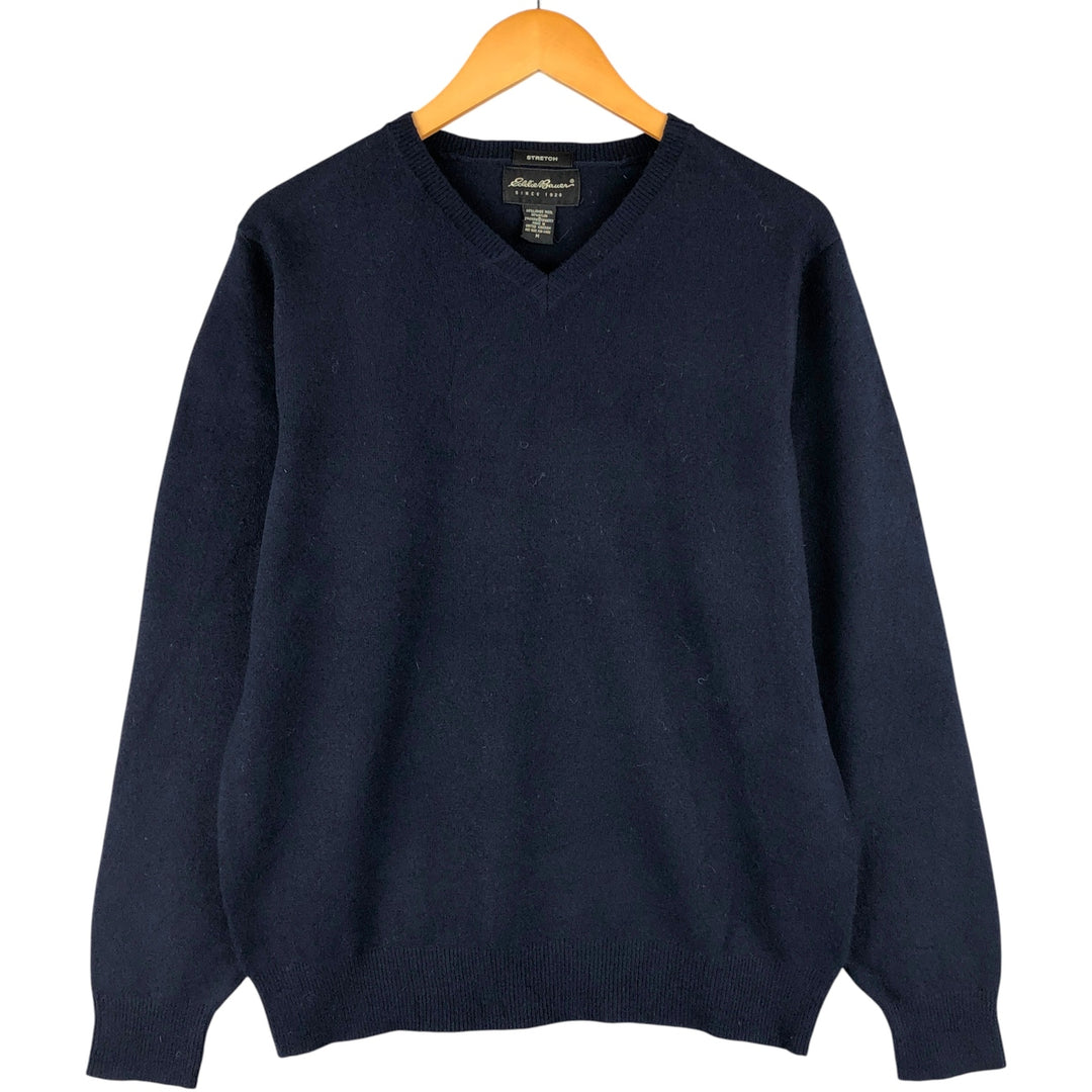2000'S Eddie Bauer V-neck lambswool knit sweater, Made in England, Men's size M Lamb wool navy blue type Vintage Second Hand
