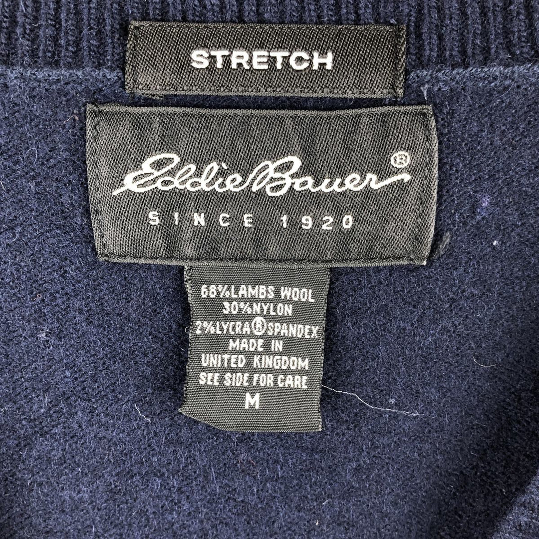2000'S Eddie Bauer V-neck lambswool knit sweater, Made in England, Men's size M Lamb wool navy blue type Vintage Second Hand