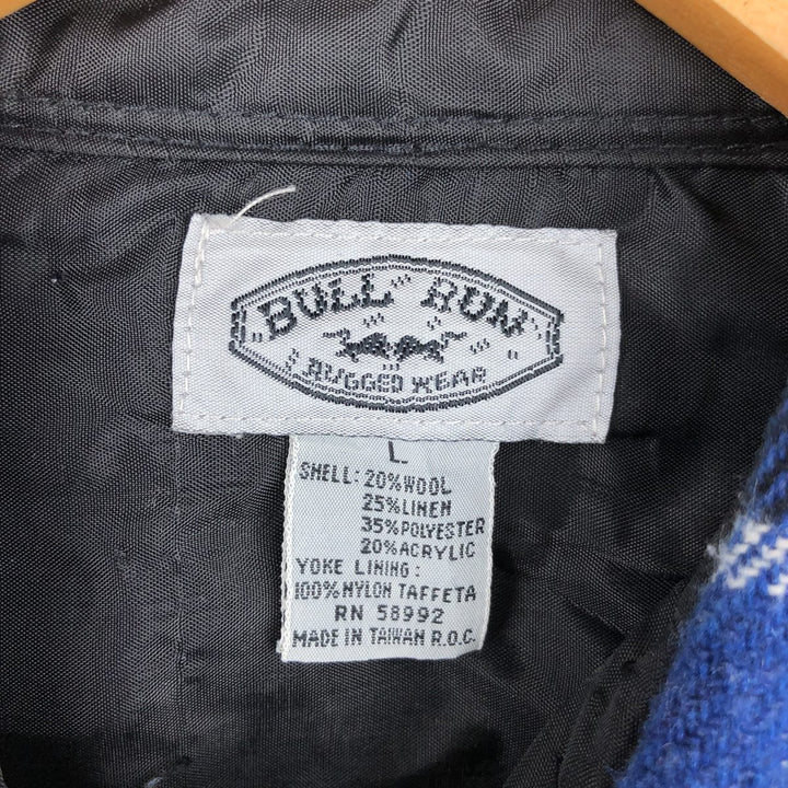 BULL RUN Check Pattern Long Sleeve CPO Shirt, Men's Size L polyester blue type Vintage Second Hand
