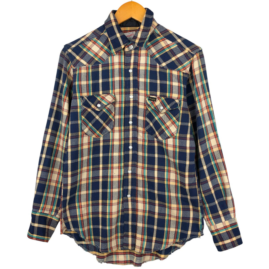 1970'S Wrangler Lightflannel Check Shirt, Made in USA, Men's Size Medium cotton navy blue type Vintage Second Hand