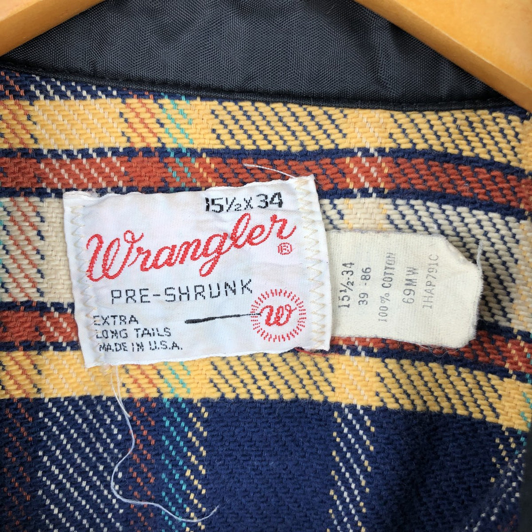 1970'S Wrangler Lightflannel Check Shirt, Made in USA, Men's Size Medium cotton navy blue type Vintage Second Hand