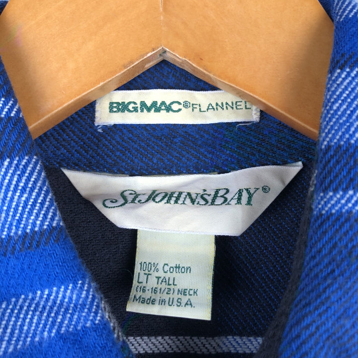 Vintage 80s-90'S St. John's Bay BIG MAC FLANNEL long-sleeved flannel check shirt, Made in USA, Men's Size L cotton blue type Vintage Second Hand