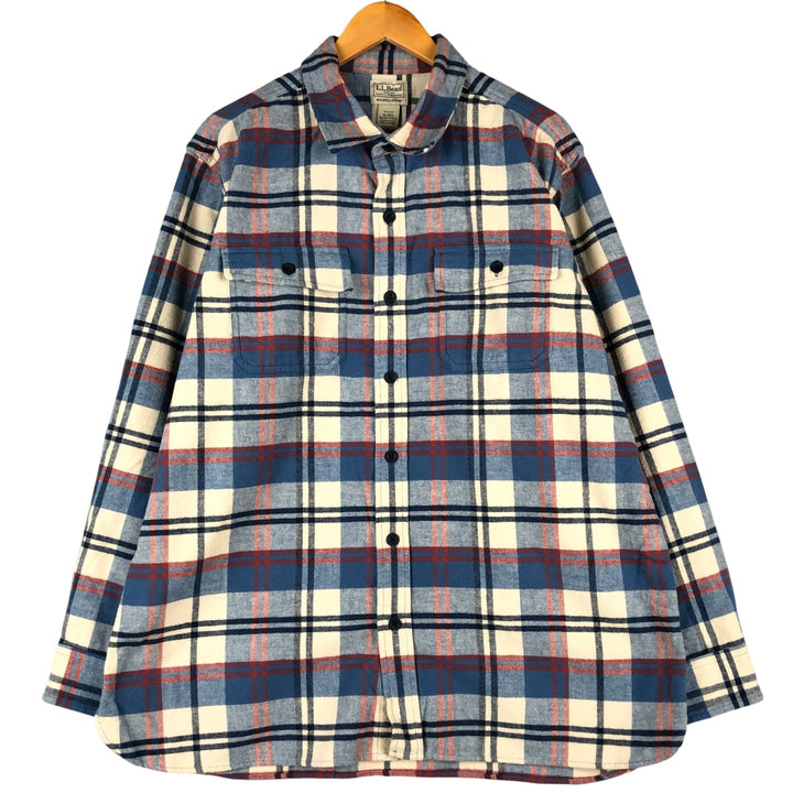 90s-00'S LLBean Slightly Fitted Check Pattern Long Sleeve Chamois Cloth Shirt, Men's Size XL, Vintage cotton blue type Vintage Second Hand