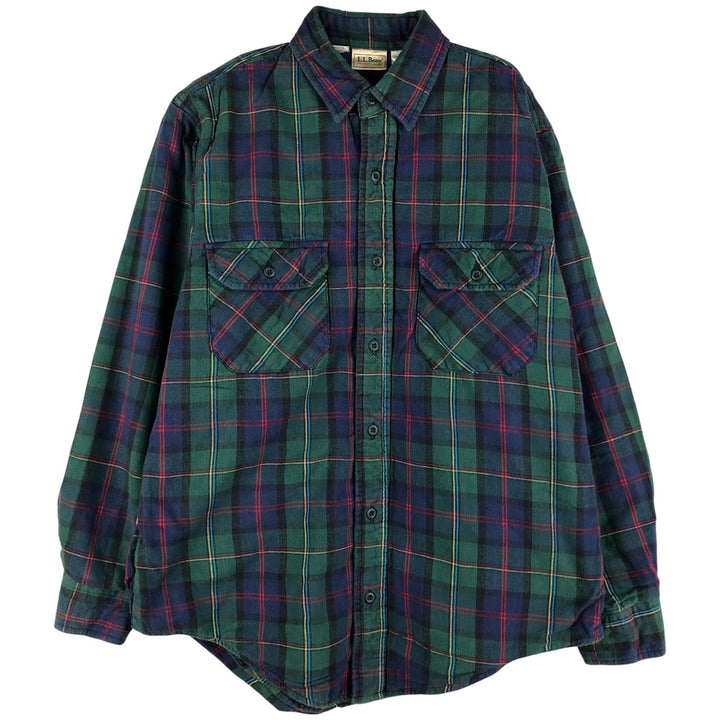LLBean Long Sleeve Flannel Check Shirt, Made in USA, Men's Size Medium cotton green type Vintage Second Hand