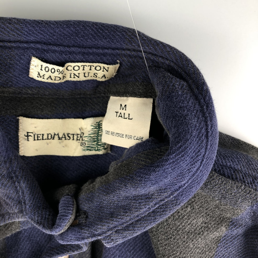 90'S Field Master Long Sleeve Flannel Check Shirt Made in USA Men's M Size Vintage cotton navy blue type Vintage Second Hand
