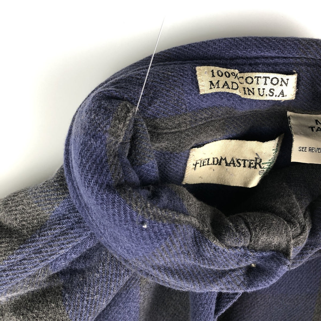 90'S Field Master Long Sleeve Flannel Check Shirt Made in USA Men's M Size Vintage cotton navy blue type Vintage Second Hand