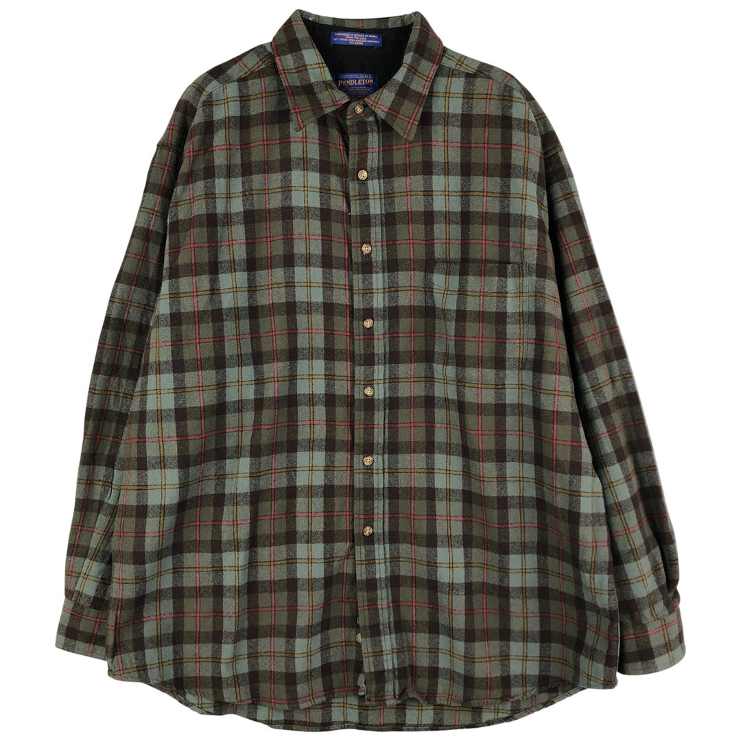 Pendleton Check Pattern Wool Shirt, Made in Mexico, Men's Size XL wool Khaki type sage green Vintage Second Hand