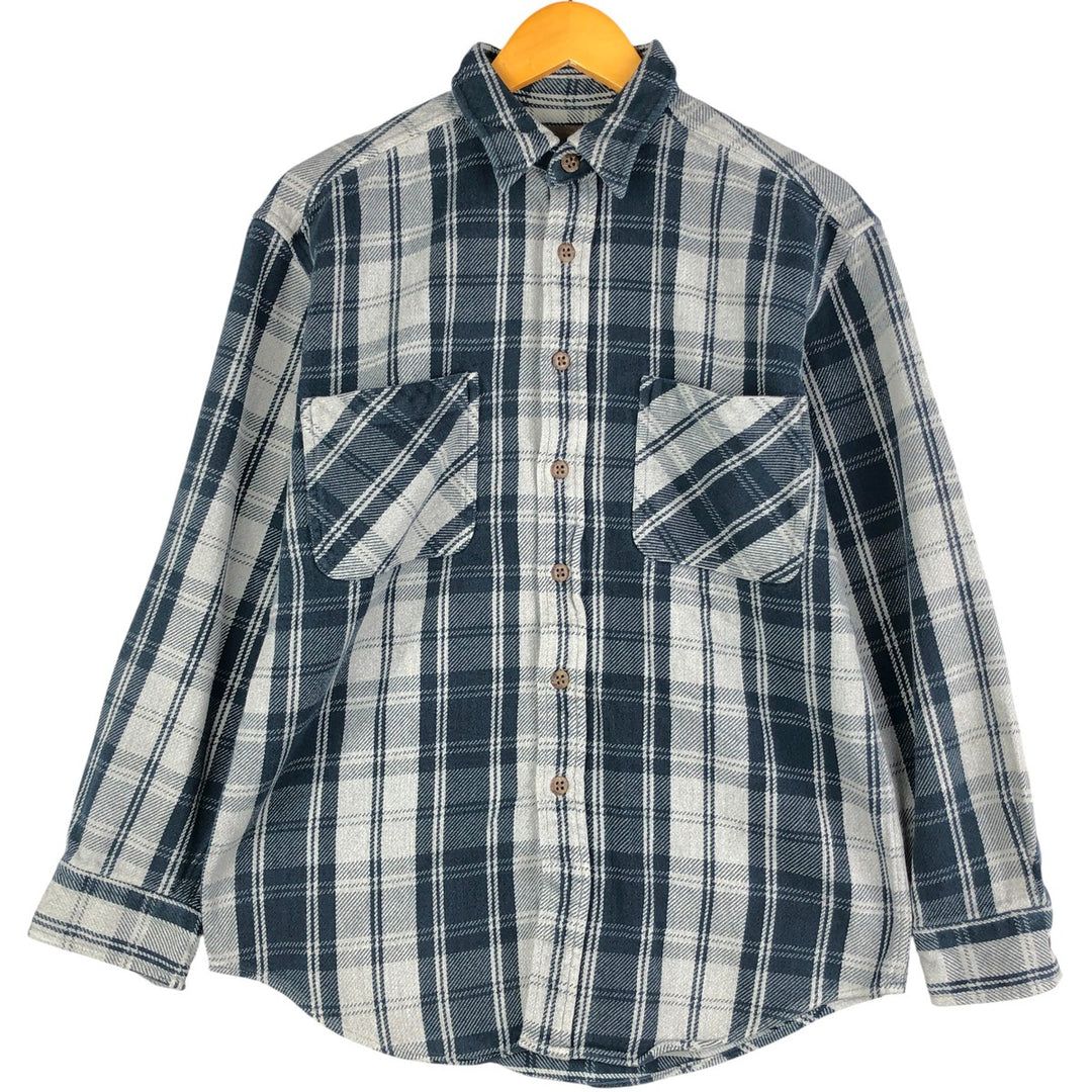 Long-sleeved flannel check shirt, men's size XL cotton navy blue type Vintage Second Hand