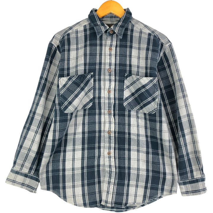 Long-sleeved flannel check shirt, men's size XL cotton navy blue type Vintage Second Hand