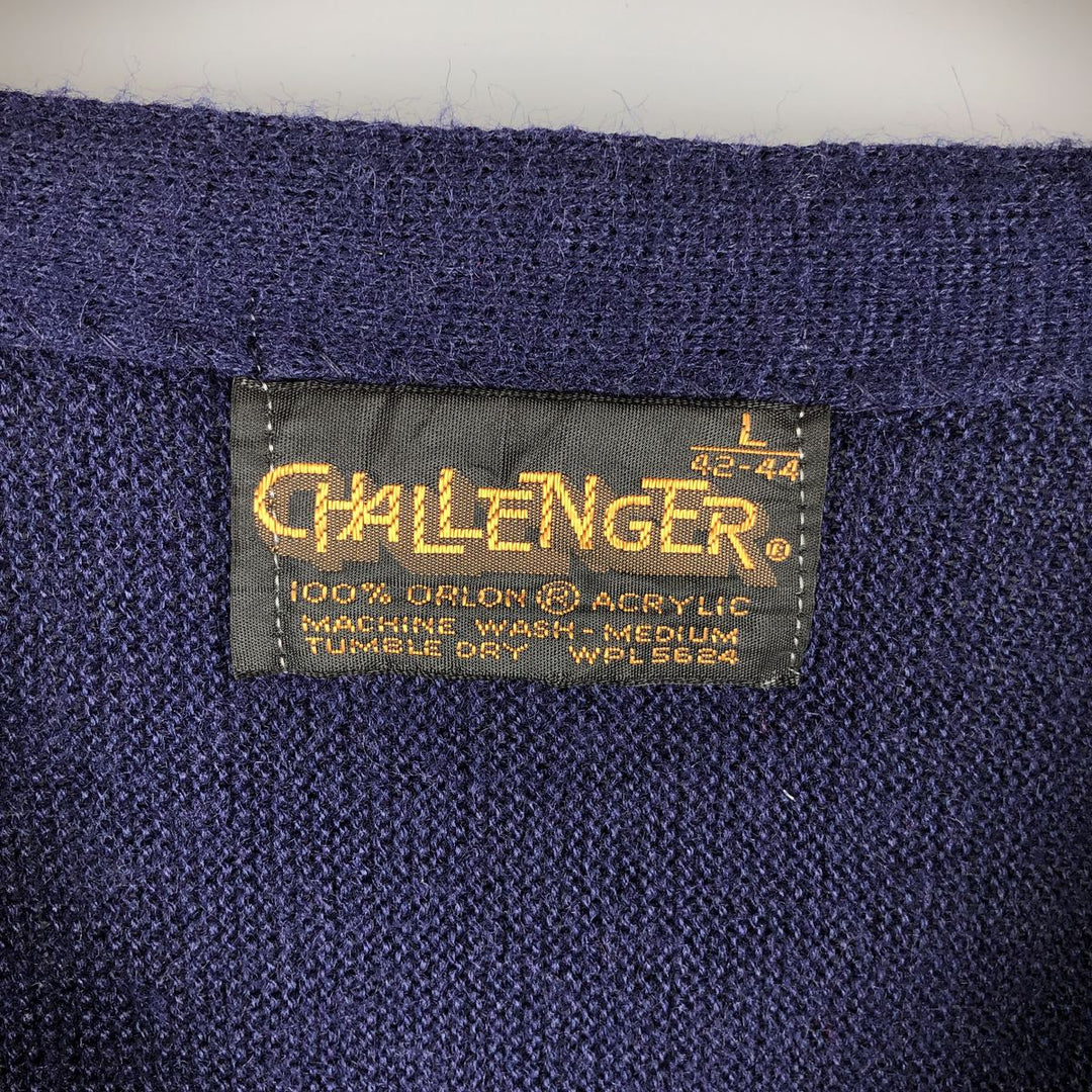 70s~80'S CHALLENGER acrylic knit cardigan, men's size L, vintage acrylic navy blue type Vintage Second Hand
