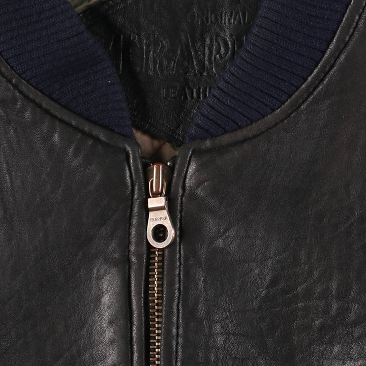 TRAPPER padded leather jacket, men's size XL genuine leather black type Vintage Second Hand