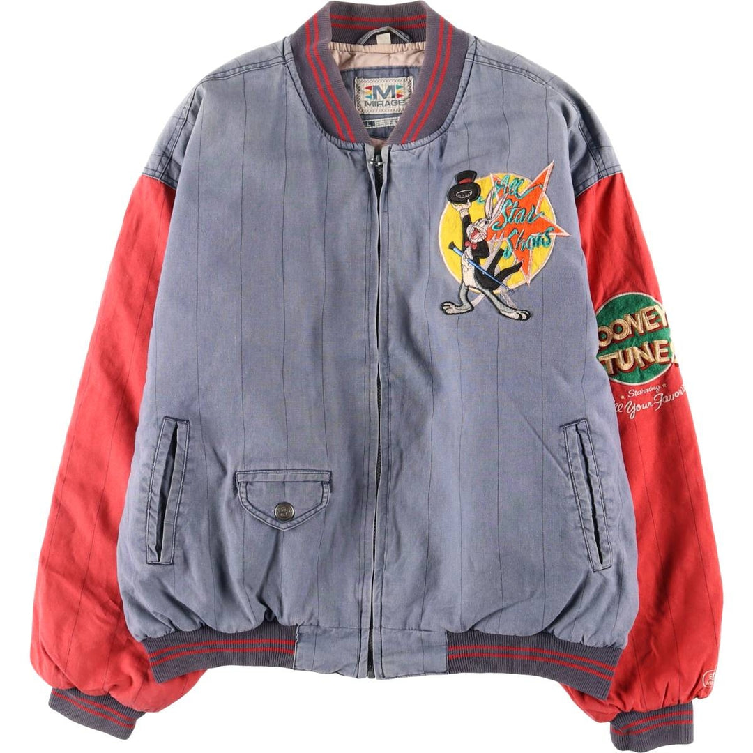 90'S MIRAGE Looney Tunes Stripe Pattern Padded Ramie and Cotton Varsity Jacket, Men's Size L Lamy blue type Vintage Second Hand