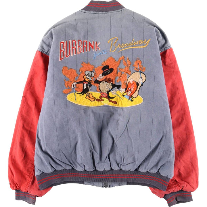 90'S MIRAGE Looney Tunes Stripe Pattern Padded Ramie and Cotton Varsity Jacket, Men's Size L Lamy blue type Vintage Second Hand