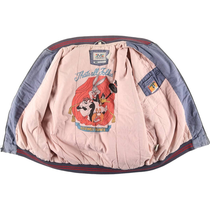 90'S MIRAGE Looney Tunes Stripe Pattern Padded Ramie and Cotton Varsity Jacket, Men's Size L Lamy blue type Vintage Second Hand