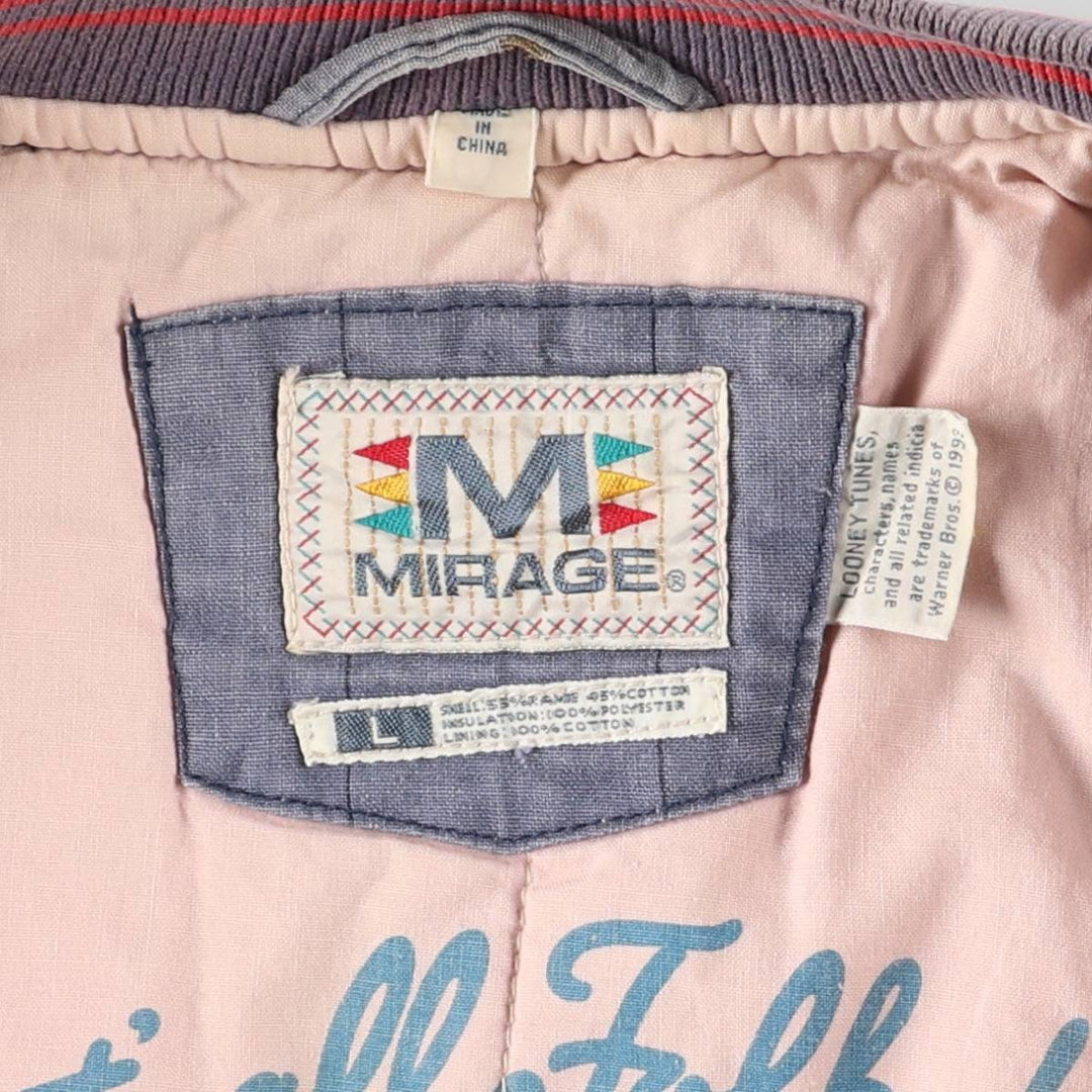 90'S MIRAGE Looney Tunes Stripe Pattern Padded Ramie and Cotton Varsity Jacket, Men's Size L Lamy blue type Vintage Second Hand