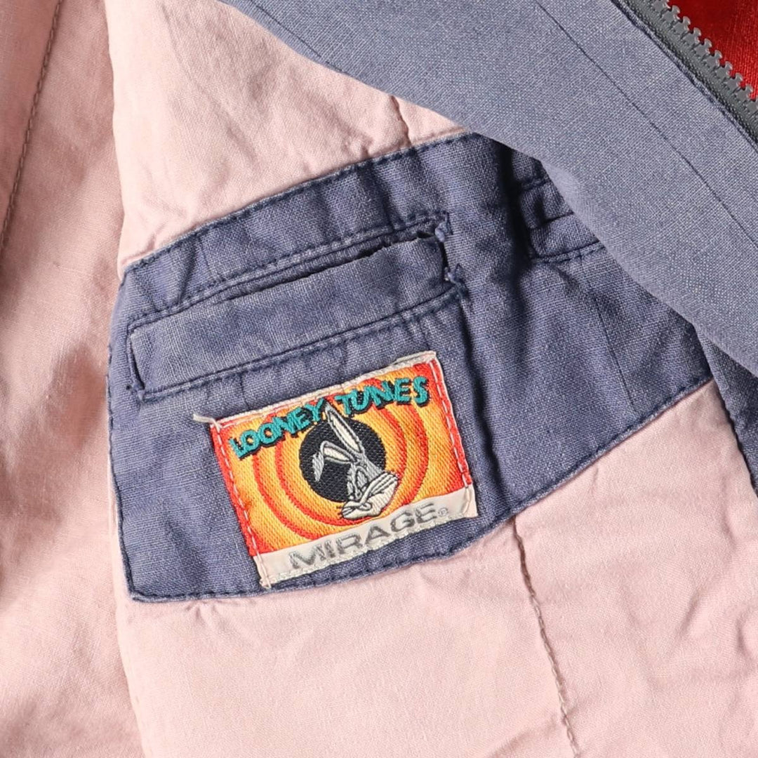90'S MIRAGE Looney Tunes Stripe Pattern Padded Ramie and Cotton Varsity Jacket, Men's Size L Lamy blue type Vintage Second Hand