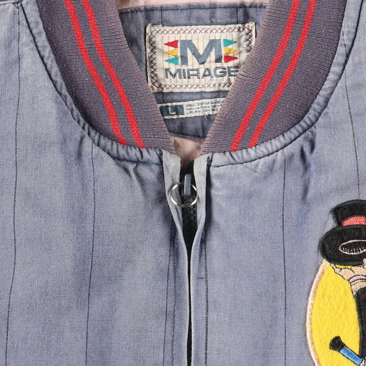 90'S MIRAGE Looney Tunes Stripe Pattern Padded Ramie and Cotton Varsity Jacket, Men's Size L Lamy blue type Vintage Second Hand
