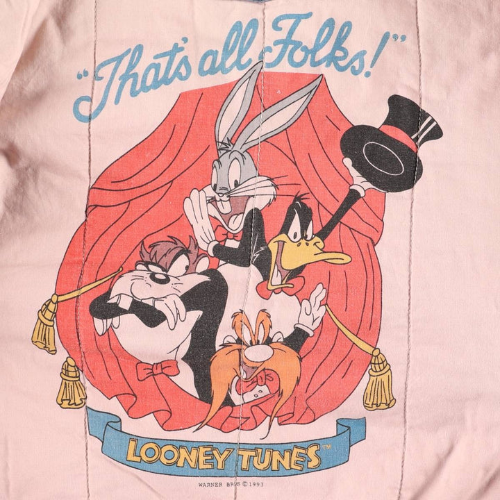 90'S MIRAGE Looney Tunes Stripe Pattern Padded Ramie and Cotton Varsity Jacket, Men's Size L Lamy blue type Vintage Second Hand