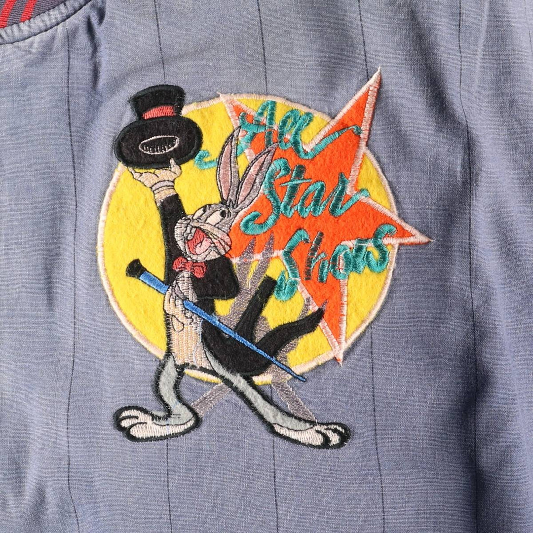 90'S MIRAGE Looney Tunes Stripe Pattern Padded Ramie and Cotton Varsity Jacket, Men's Size L Lamy blue type Vintage Second Hand
