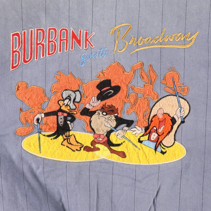 90'S MIRAGE Looney Tunes Stripe Pattern Padded Ramie and Cotton Varsity Jacket, Men's Size L Lamy blue type Vintage Second Hand