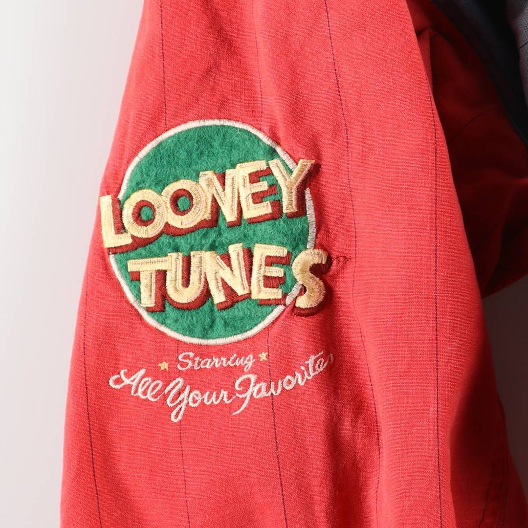 90'S MIRAGE Looney Tunes Stripe Pattern Padded Ramie and Cotton Varsity Jacket, Men's Size L Lamy blue type Vintage Second Hand