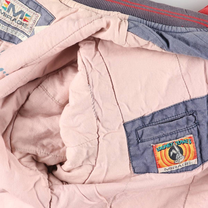90'S MIRAGE Looney Tunes Stripe Pattern Padded Ramie and Cotton Varsity Jacket, Men's Size L Lamy blue type Vintage Second Hand