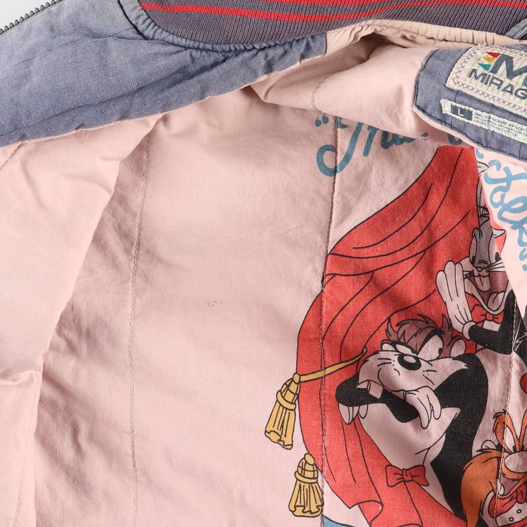 90'S MIRAGE Looney Tunes Stripe Pattern Padded Ramie and Cotton Varsity Jacket, Men's Size L Lamy blue type Vintage Second Hand