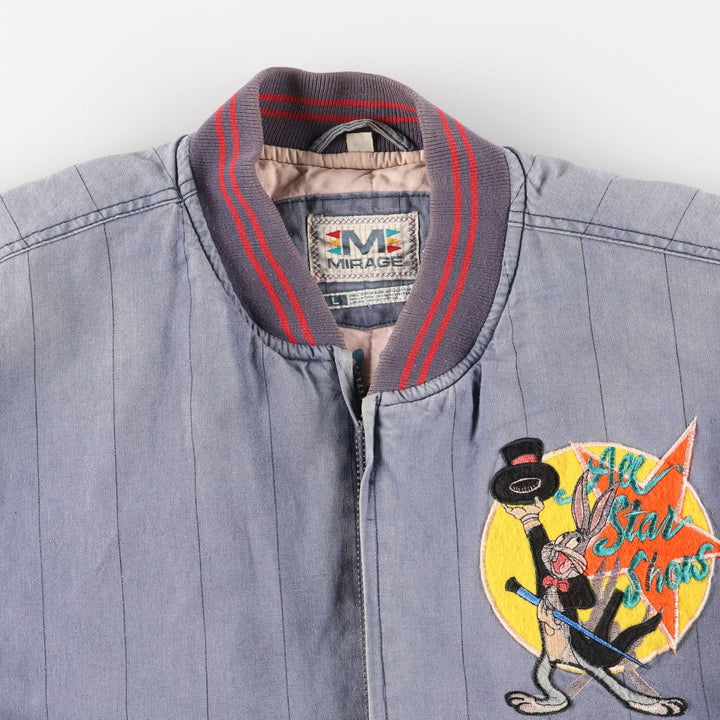 90'S MIRAGE Looney Tunes Stripe Pattern Padded Ramie and Cotton Varsity Jacket, Men's Size L Lamy blue type Vintage Second Hand