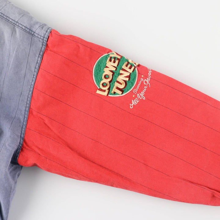 90'S MIRAGE Looney Tunes Stripe Pattern Padded Ramie and Cotton Varsity Jacket, Men's Size L Lamy blue type Vintage Second Hand
