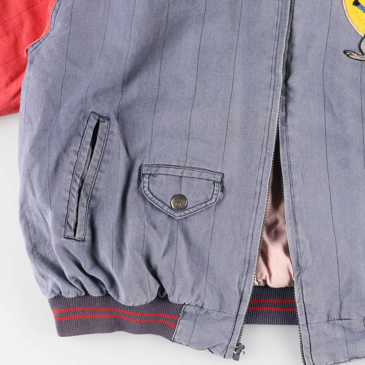 90'S MIRAGE Looney Tunes Stripe Pattern Padded Ramie and Cotton Varsity Jacket, Men's Size L Lamy blue type Vintage Second Hand