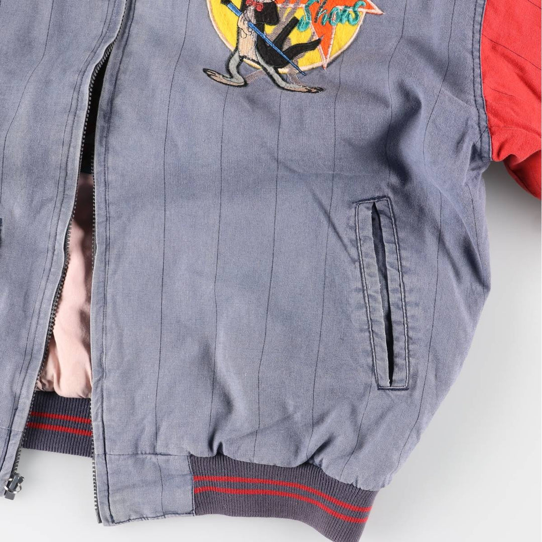 90'S MIRAGE Looney Tunes Stripe Pattern Padded Ramie and Cotton Varsity Jacket, Men's Size L Lamy blue type Vintage Second Hand
