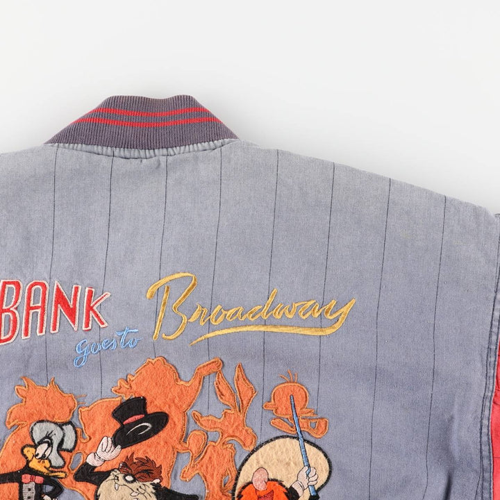 90'S MIRAGE Looney Tunes Stripe Pattern Padded Ramie and Cotton Varsity Jacket, Men's Size L Lamy blue type Vintage Second Hand