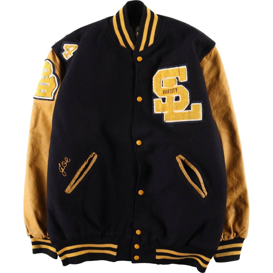 90s-00'S Holloway Varsity Jacket with Padded Leather Sleeves and Wool Buttons, Made in USA, Men's XL unclear black type Vintage Second Hand