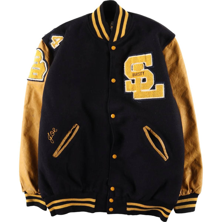 90s-00'S Holloway Varsity Jacket with Padded Leather Sleeves and Wool Buttons, Made in USA, Men's XL unclear black type Vintage Second Hand