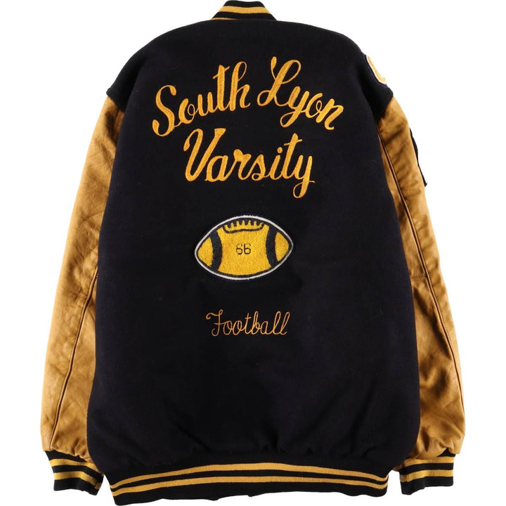 90s-00'S Holloway Varsity Jacket with Padded Leather Sleeves and Wool Buttons, Made in USA, Men's XL unclear black type Vintage Second Hand