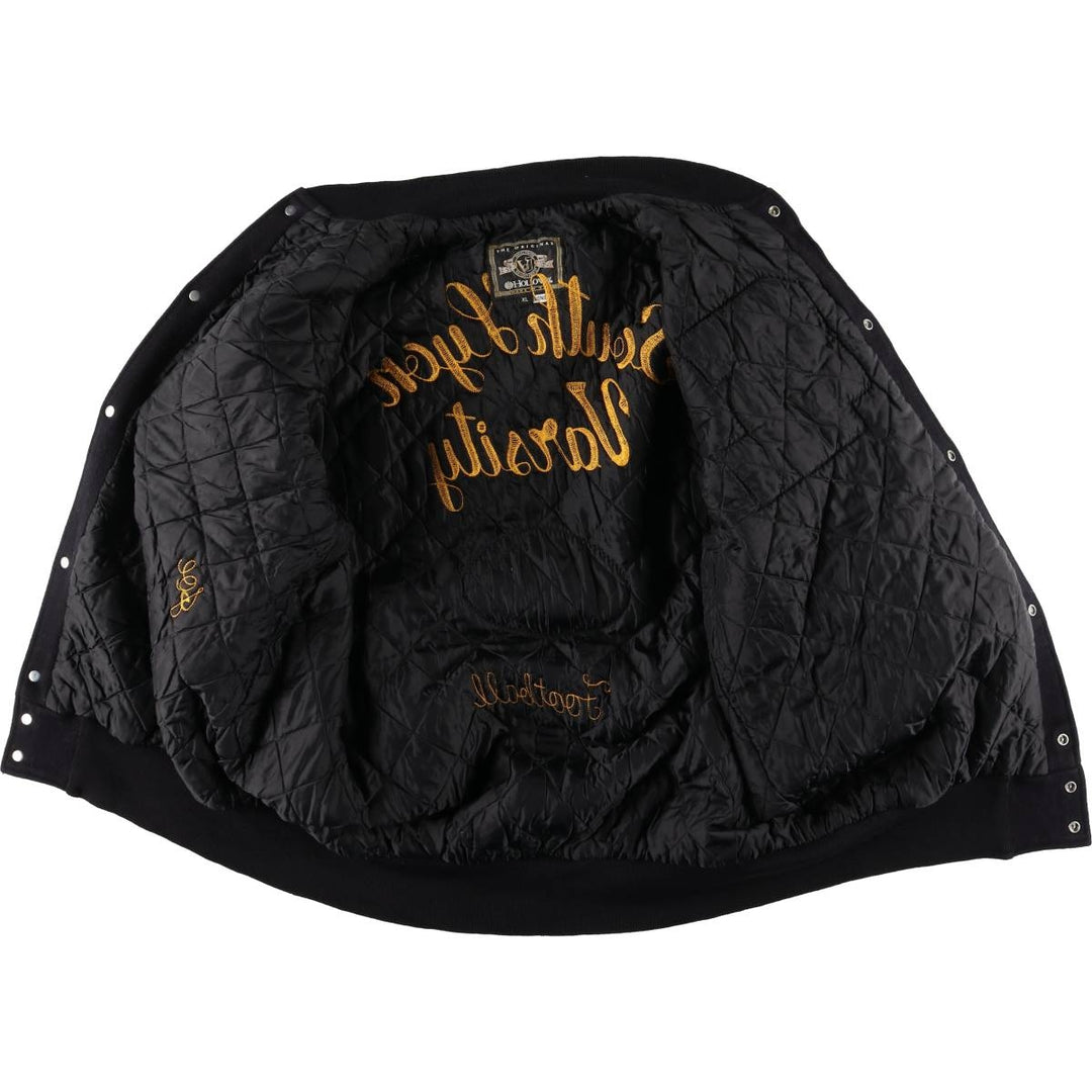 90s-00'S Holloway Varsity Jacket with Padded Leather Sleeves and Wool Buttons, Made in USA, Men's XL unclear black type Vintage Second Hand