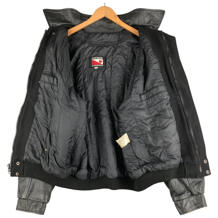 90'S Canada Sportswear Padded Collared Leather Sleeve Wool Varsity Jacket, Men's Size L wool black type Vintage Second Hand