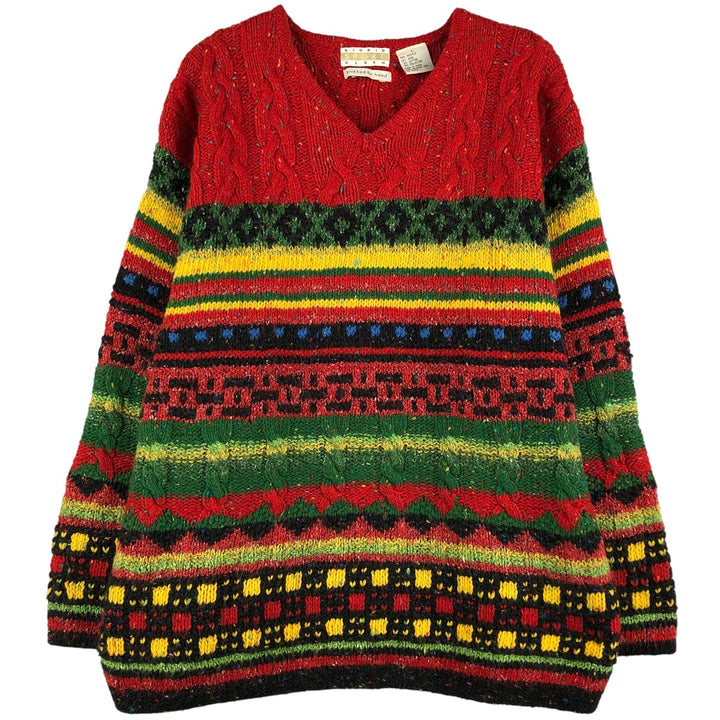 SIGRID OLSEN SPORT All-Over Print Color Nep Hand-Knit Cable Knit V-Neck Acrylic Knit Sweater, Women's Size L acrylic red type Vintage Second Hand