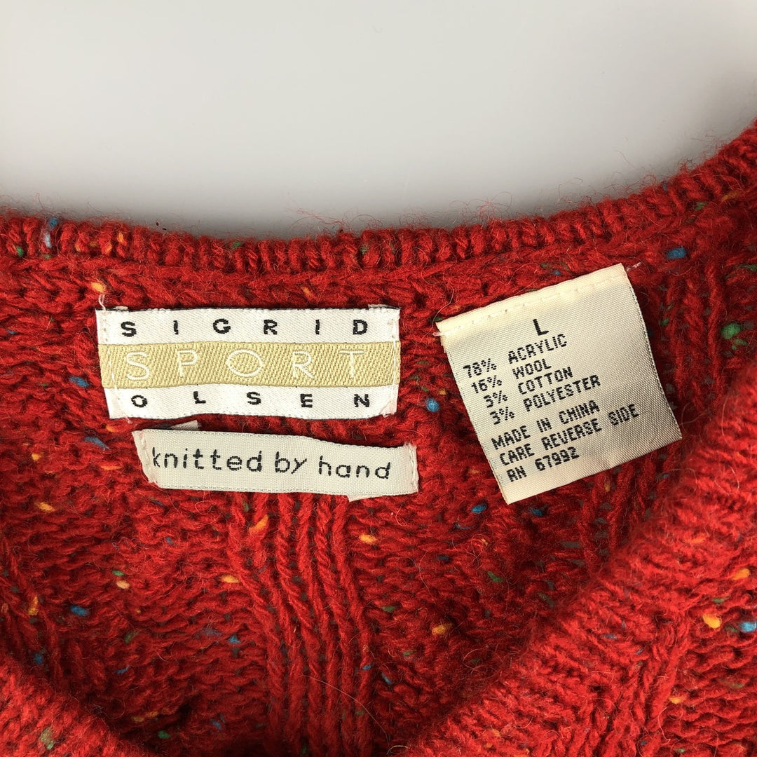 SIGRID OLSEN SPORT All-Over Print Color Nep Hand-Knit Cable Knit V-Neck Acrylic Knit Sweater, Women's Size L acrylic red type Vintage Second Hand