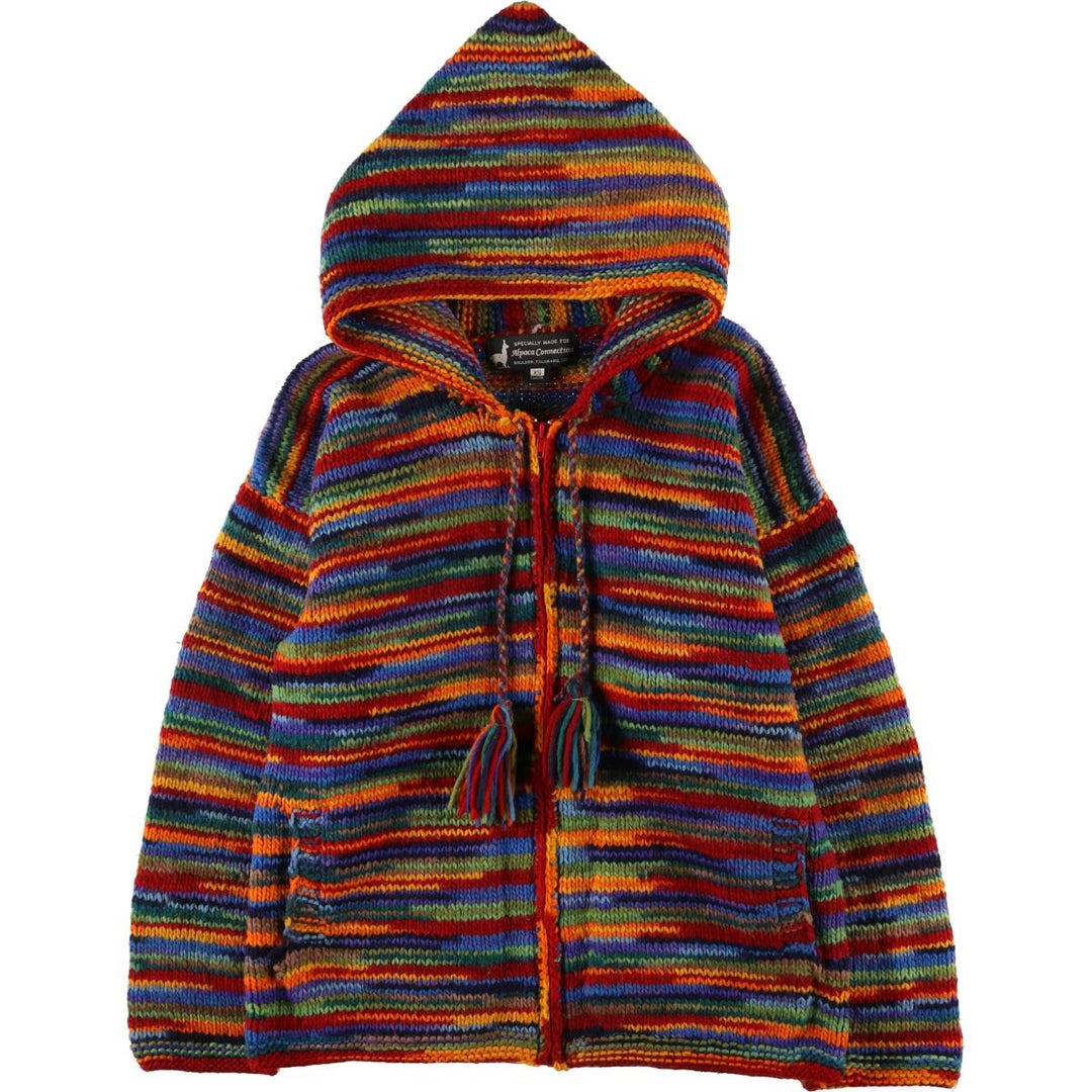 Alpaca Connection Border Pattern Ecuadorian Knit Zip Hoodie, Men's Size Small wool red type Vintage Second Hand