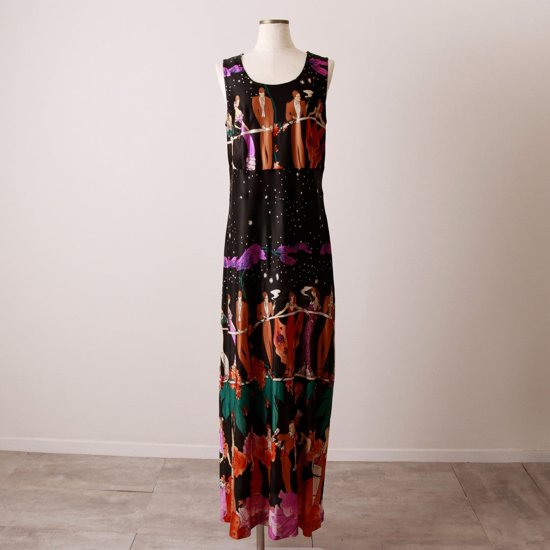 All-over print maxi length sleeveless dress, women's size M unclear black type Vintage Second Hand